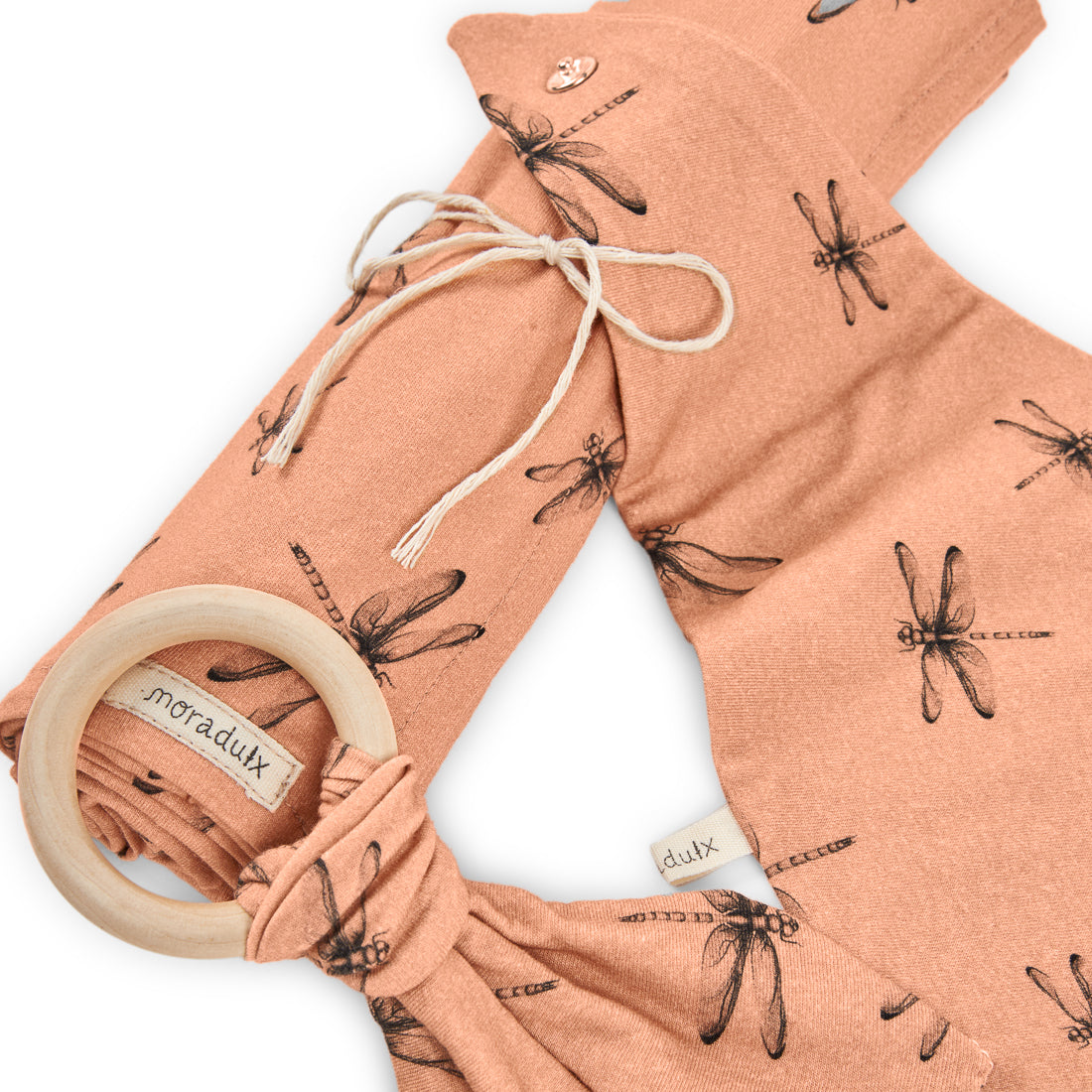 Pack Bandana, Manta y Mordedor con libélulas. Algodón orgánico y diseño local